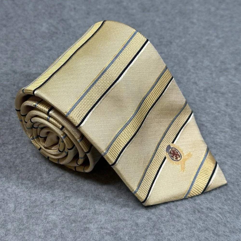 Vintage Tommy Hilfiger Silk Tie USA Gold Stripe Crest Logo Necktie 57x3.5in